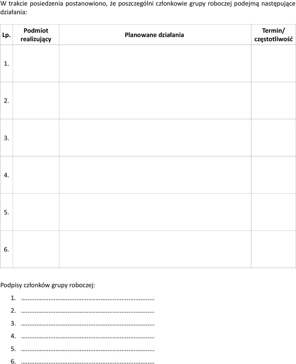 Podmiot realizujący Planowane działania Termin/ częstotliwość 1.