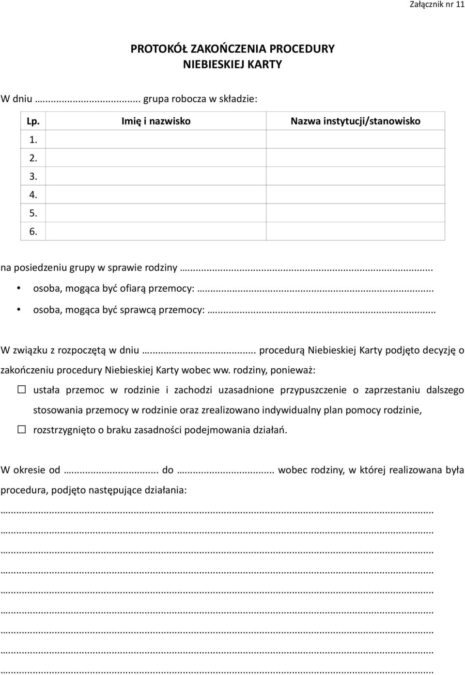 .. procedurą Niebieskiej Karty podjęto decyzję o zakończeniu procedury Niebieskiej Karty wobec ww.