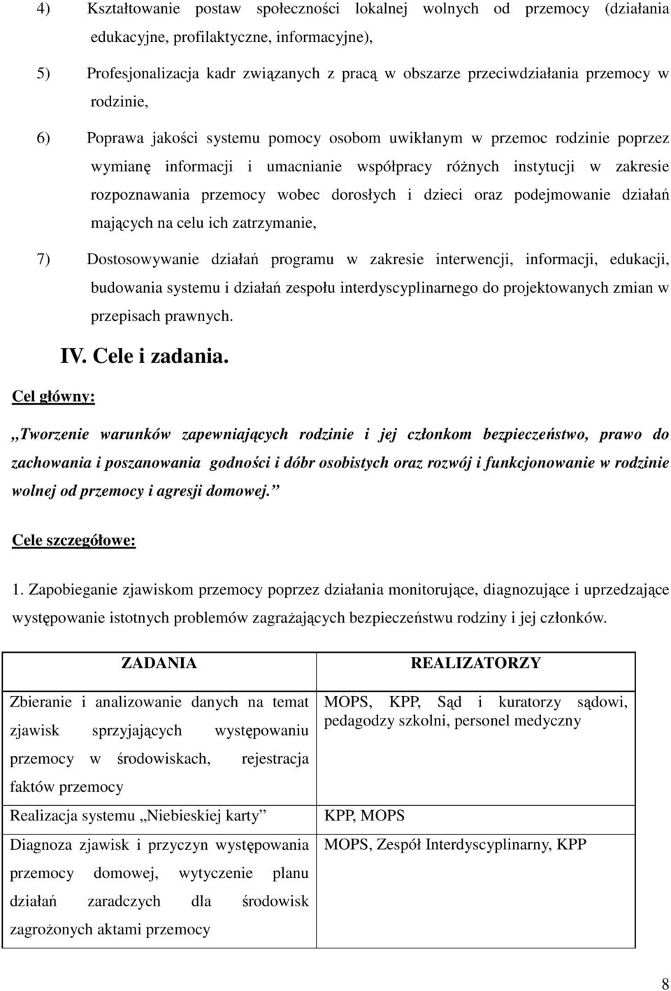 wobec dorosłych i dzieci oraz podejmowanie działań mających na celu ich zatrzymanie, 7) Dostosowywanie działań programu w zakresie interwencji, informacji, edukacji, budowania systemu i działań