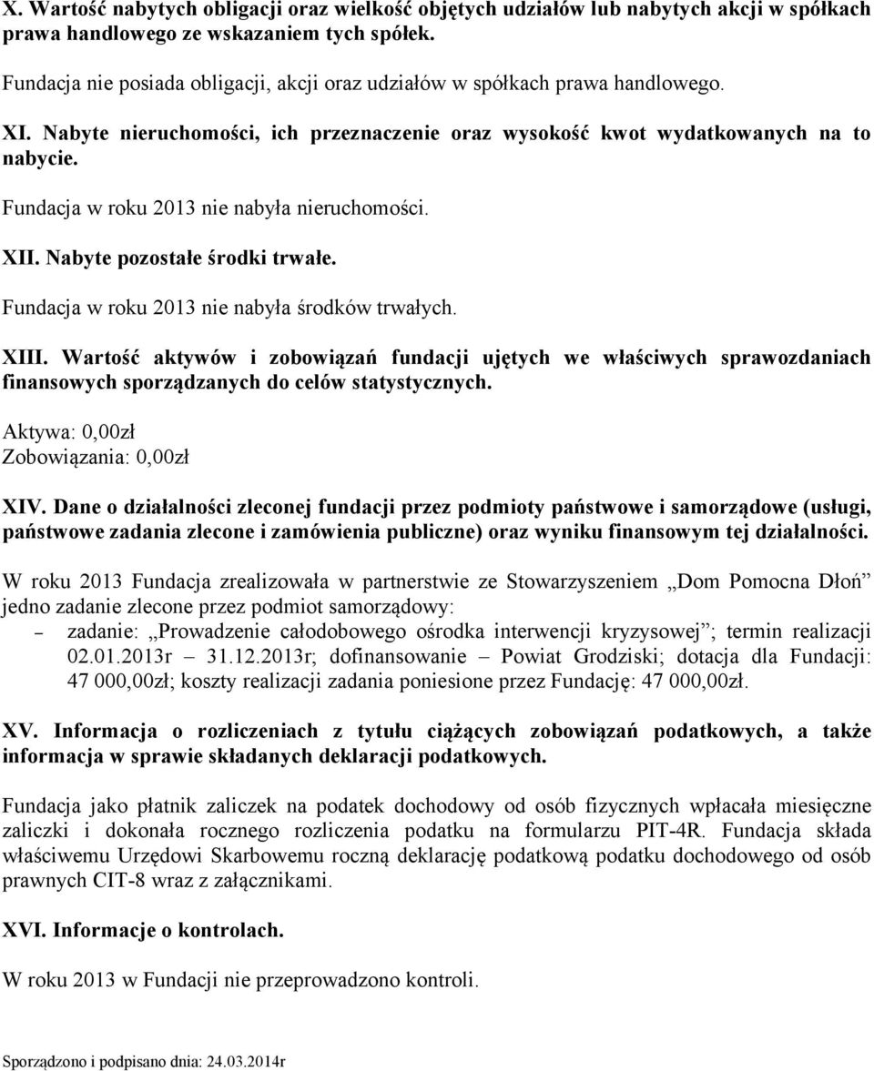 Fundacja w roku 2013 nie nabyła nieruchomości. XII. Nabyte pozostałe środki trwałe. Fundacja w roku 2013 nie nabyła środków trwałych. XIII.