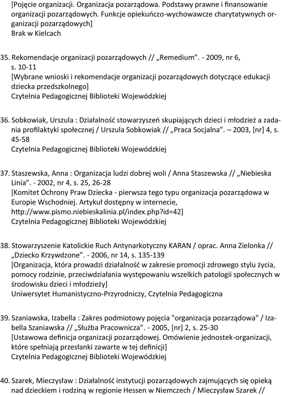 Sobkowiak, Urszula : Działalnośd stowarzyszeo skupiających dzieci i młodzież a zadania profilaktyki społecznej / Urszula Sobkowiak // Praca Socjalna. 2003, *nr+ 4, s. 45-58 37.