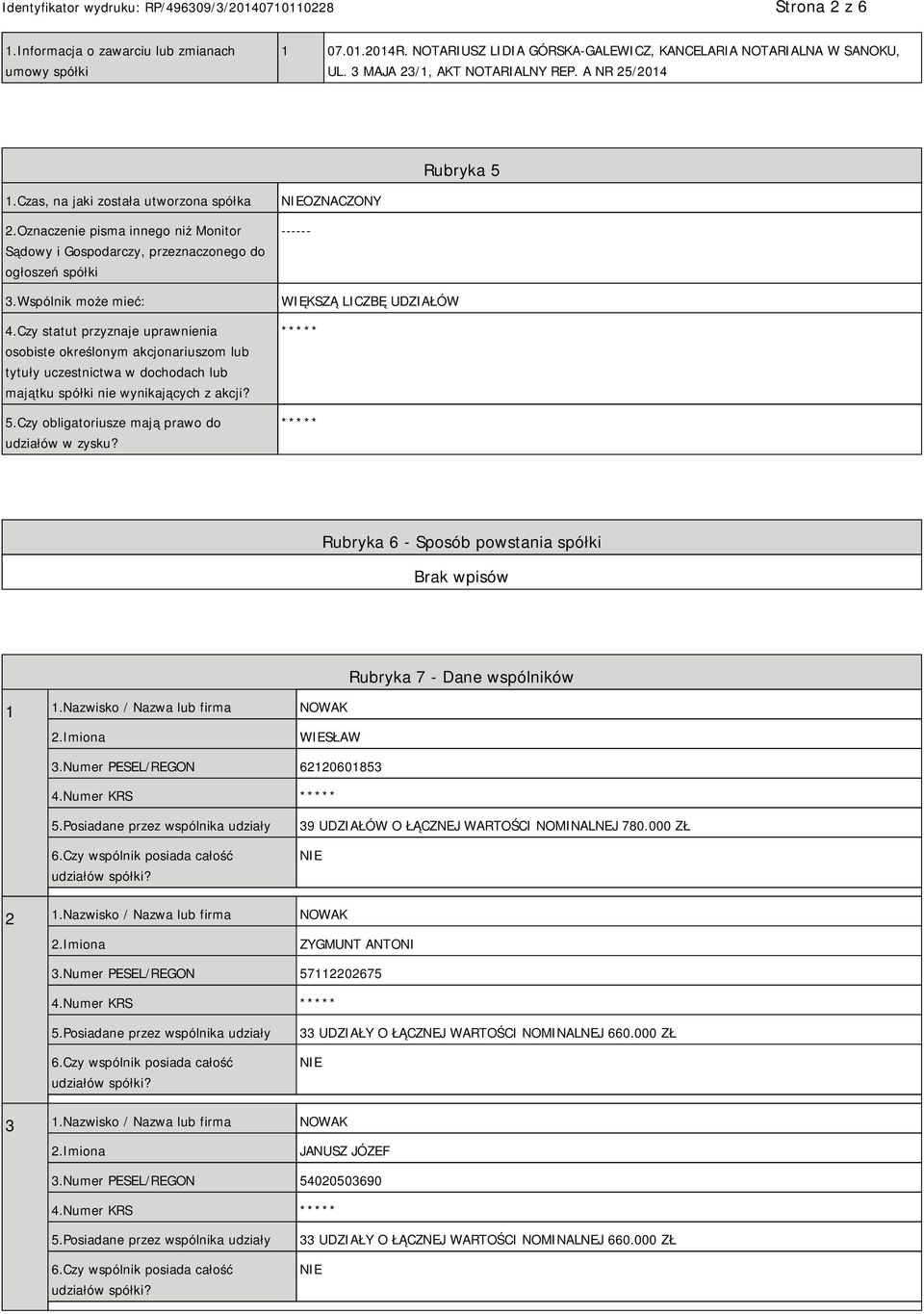 Czy statut przyznaje uprawnienia osobiste określonym akcjonariuszom lub tytuły uczestnictwa w dochodach lub majątku spółki nie wynikających z akcji? 5.