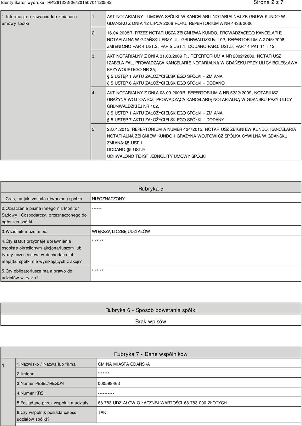 PRZEZ NOTARIUSZA ZBIGNIEWA KUNDO, PROWADZĄCEGO KANCELARIĘ NOTARIALNĄ W GDAŃSKU PRZY UL. GRUNWALDZKIEJ 102, REPERTORIUM A 2745/2008, ZMIENIONO PAR.4 UST.2, PAR.5 UST.1, DODANO PAR.5 UST.5, PAR.