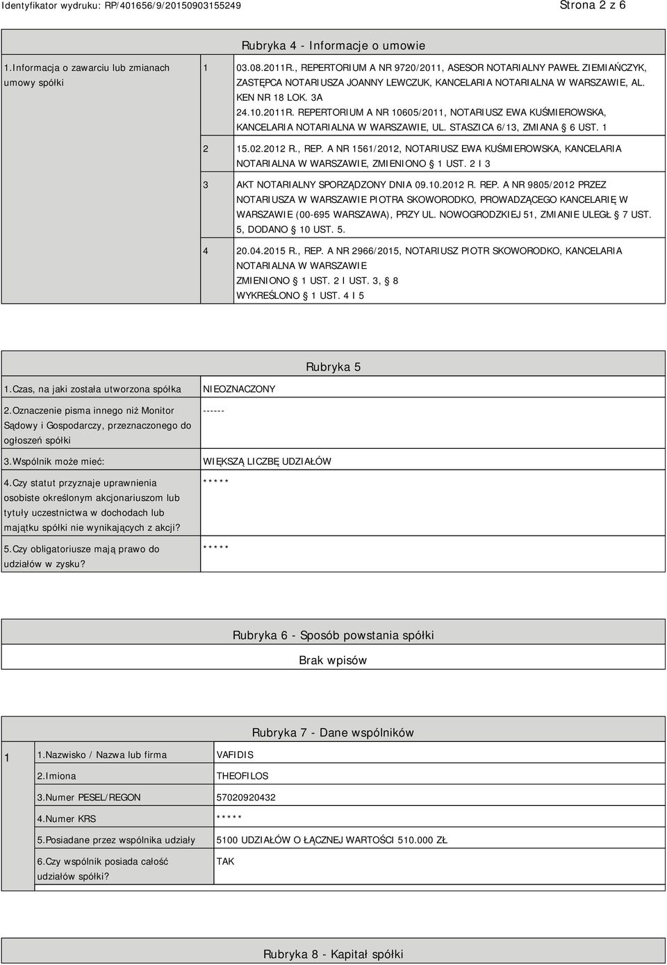 REPERTORIUM A NR 10605/2011, NOTARIUSZ EWA KUŚMIEROWSKA, KANCELARIA NOTARIALNA W WARSZAWIE, UL. STASZICA 6/13, ZMIANA 6 UST. 1 2 15.02.2012 R., REP.