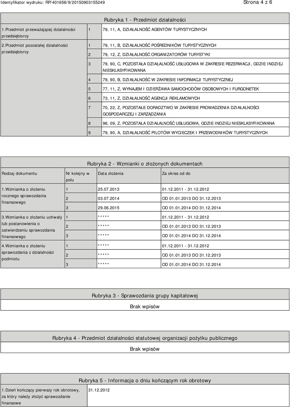 79, 90, C, POZOSTAŁA DZIAŁALNOŚĆ USŁUGOWA W ZAKRESIE REZERWACJI, GDZIE INDZIEJ NIESKLASYFIKOWANA 4 79, 90, B, DZIAŁALNOŚĆ W ZAKRESIE INFORMACJI TURYSTYCZNEJ 5 77, 11, Z, WYNAJEM I DZIERŻAWA
