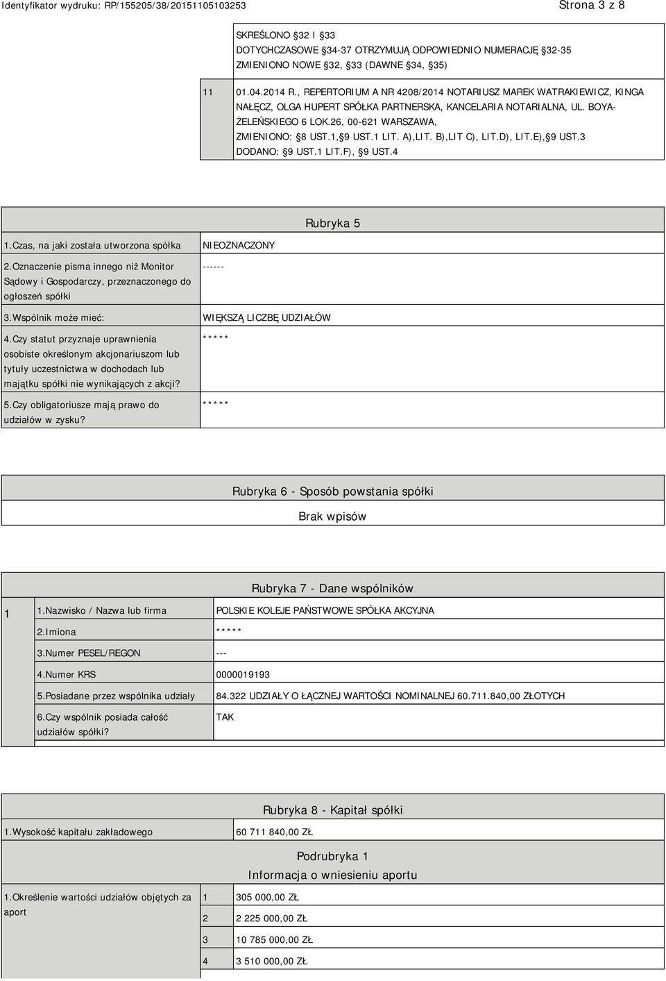 1, 9 UST.1 LIT. A),LIT. B),LIT C), LIT.D), LIT.E), 9 UST.3 DODANO: 9 UST.1 LIT.F), 9 UST.4 Rubryka 5 1.Czas, na jaki została utworzona spółka 2.