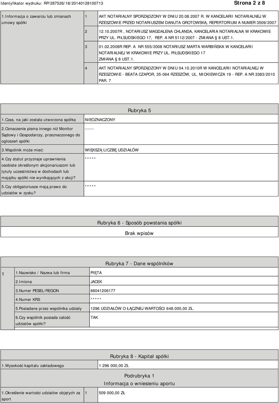 A NR 555/2008 NOTARIUSZ MARTA WARBIŃSKA W KANCELARII NOTARIALNEJ W KRAKOWIE PRZY UL. PIŁSUDSKIEGO 17 ZMIANA 8 UST.1. 4 AKT NOTARIALNY SPORZĄDZONY W DNIU 04.10.