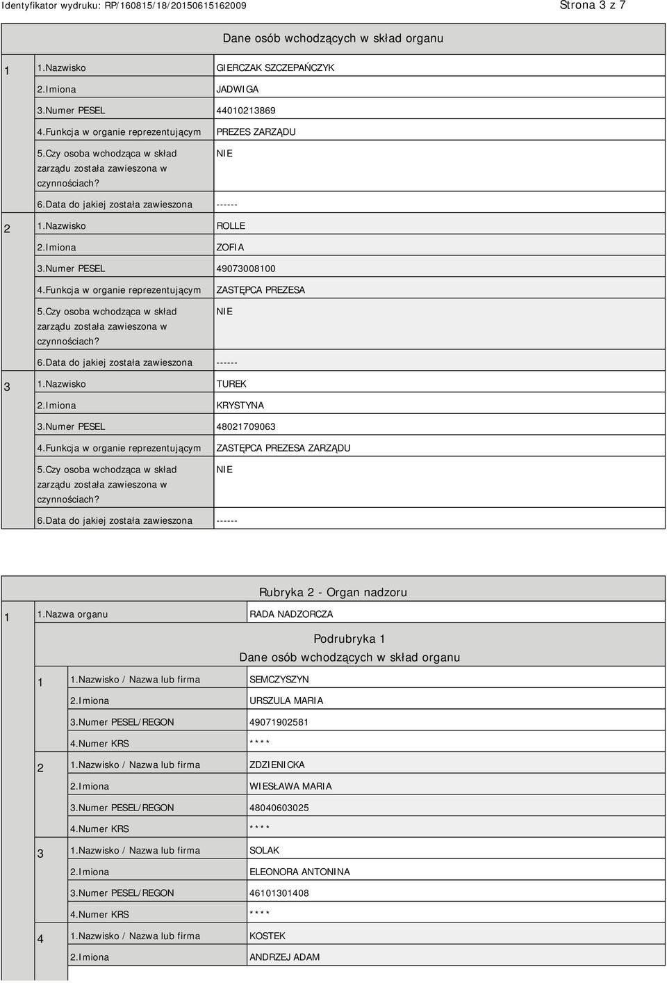 Funkcja w organie reprezentującym 5.Czy osoba wchodząca w skład zarządu została zawieszona w czynnościach? ZASTĘPCA PREZESA 6.Data do jakiej została zawieszona ------ 3 1.Nazwisko TUREK KRYSTYNA 3.