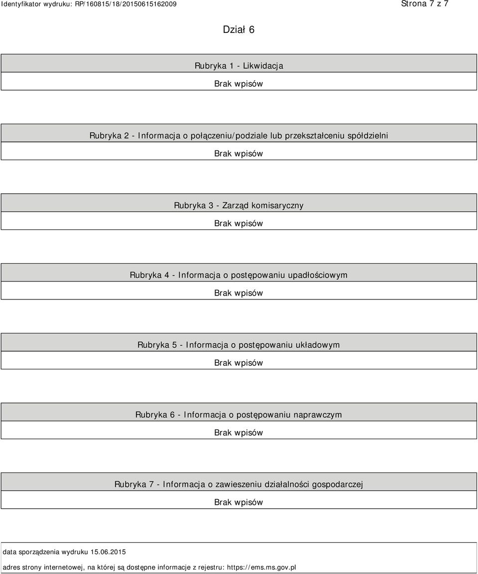 układowym Rubryka 6 - Informacja o postępowaniu naprawczym Rubryka 7 - Informacja o zawieszeniu działalności gospodarczej