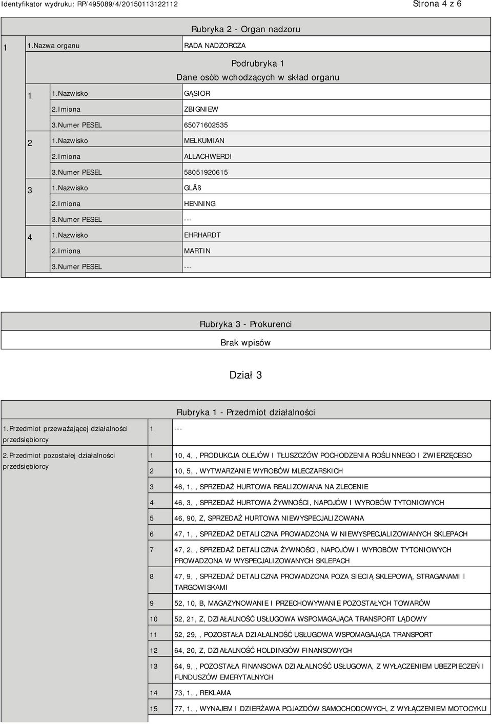 Numer PESEL --- Rubryka 3 - Prokurenci Dział 3 Rubryka 1 - Przedmiot działalności 1.Przedmiot przeważającej działalności przedsiębiorcy 2.