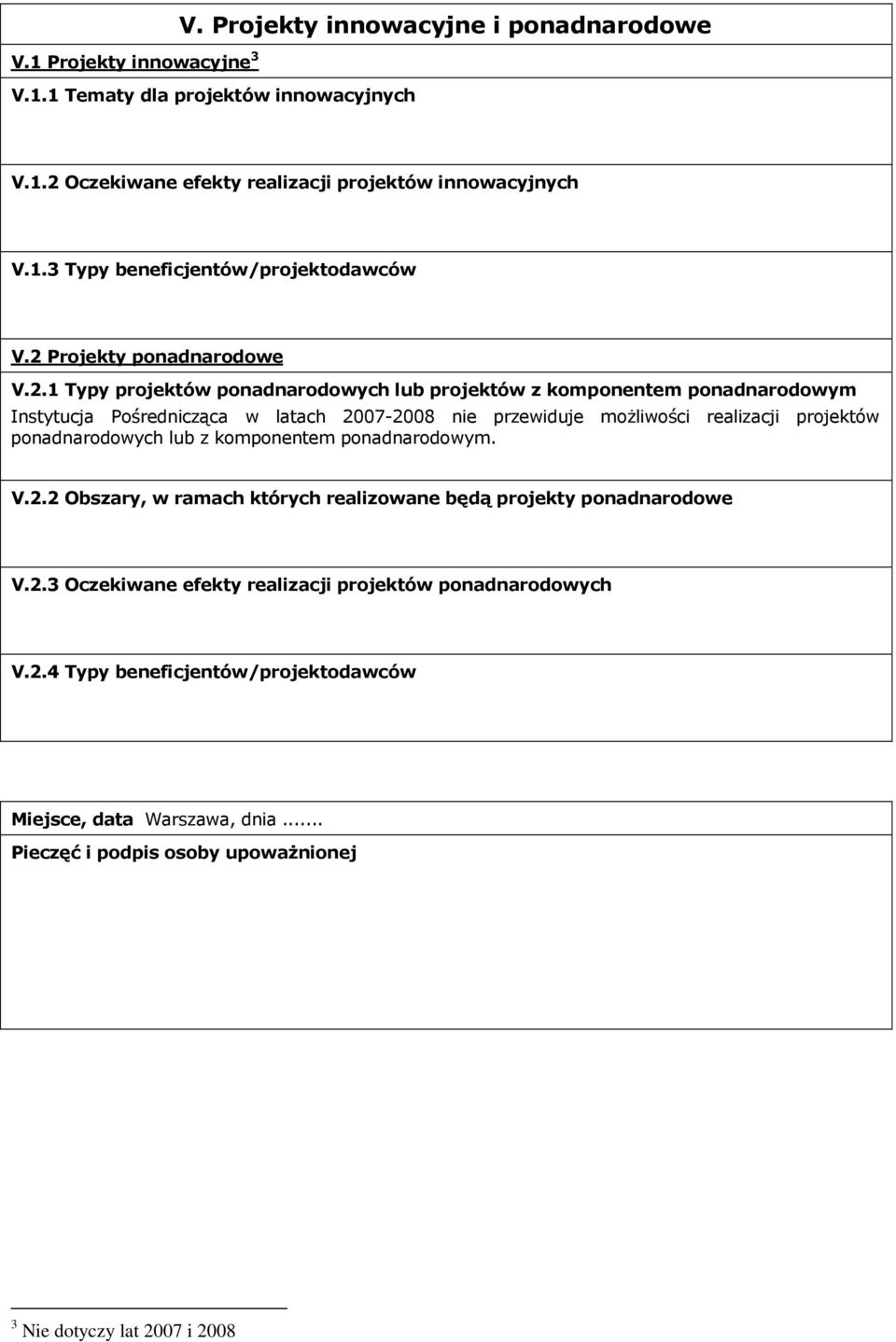realizacji projektów ponadnarodowych lub z komponentem ponadnarodowym. V.2.2 Obszary, w ramach których realizowane będą projekty ponadnarodowe V.2.3 Oczekiwane efekty realizacji projektów ponadnarodowych V.