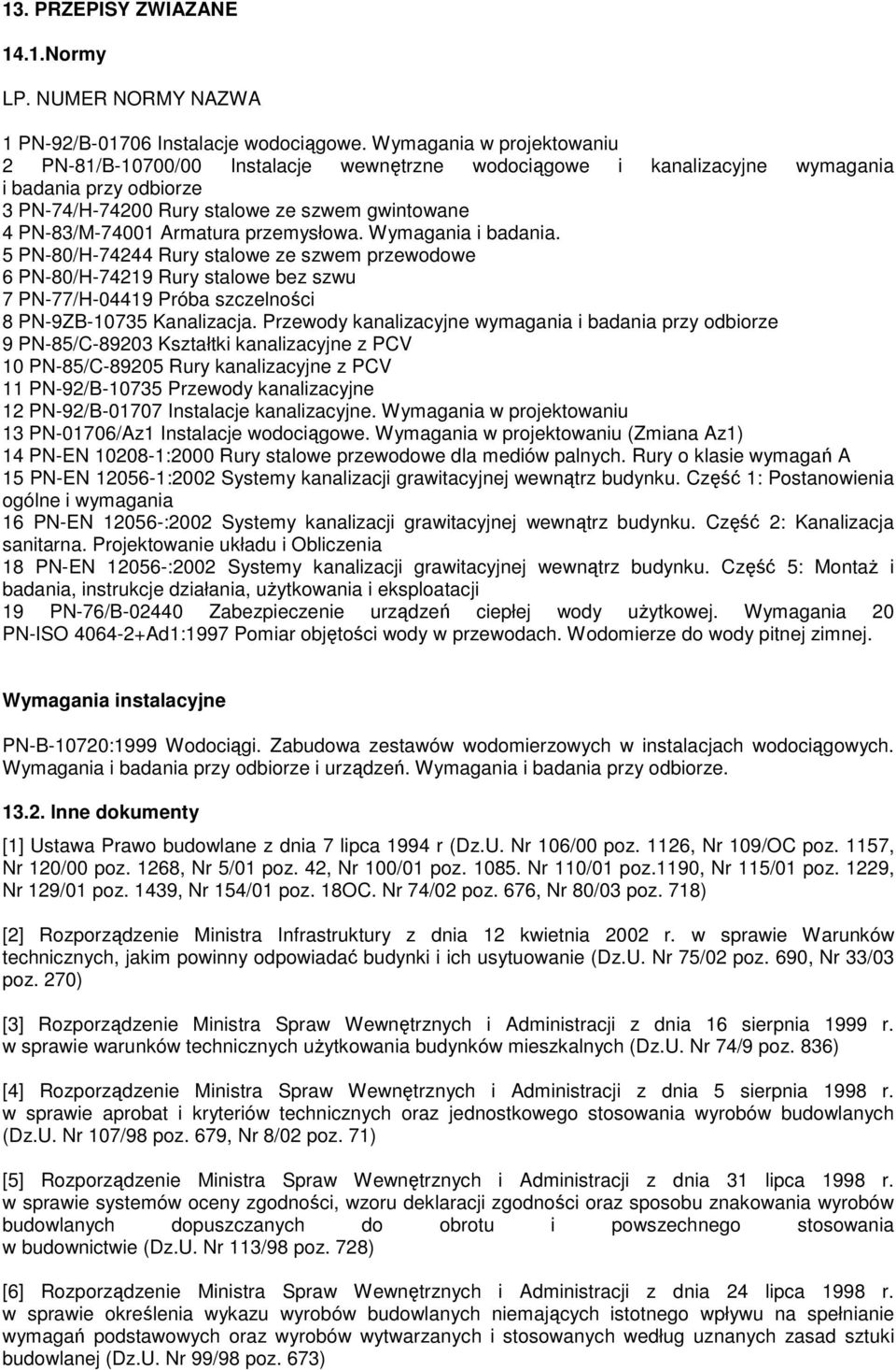 Armatura przemysłowa. Wymagania i badania. 5 PN-80/H-74244 Rury stalowe ze szwem przewodowe 6 PN-80/H-74219 Rury stalowe bez szwu 7 PN-77/H-04419 Próba szczelności 8 PN-9ZB-10735 Kanalizacja.