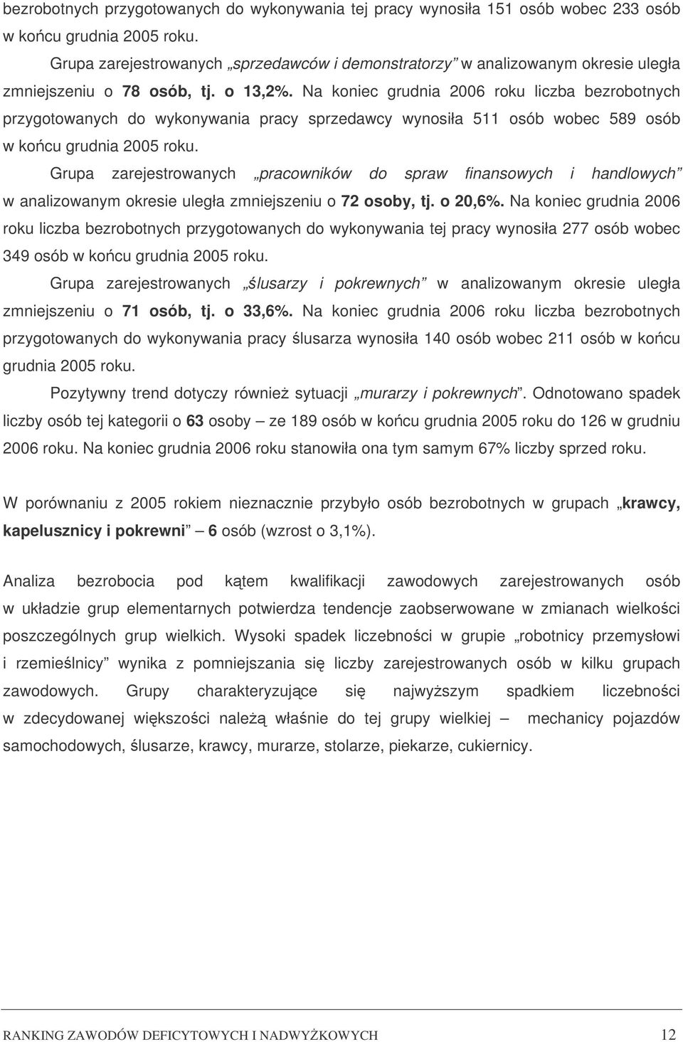 Na koniec grudnia 2006 roku liczba bezrobotnych przygotowanych do wykonywania pracy sprzedawcy wynosiła 511 osób wobec 589 osób w kocu grudnia 2005 roku.