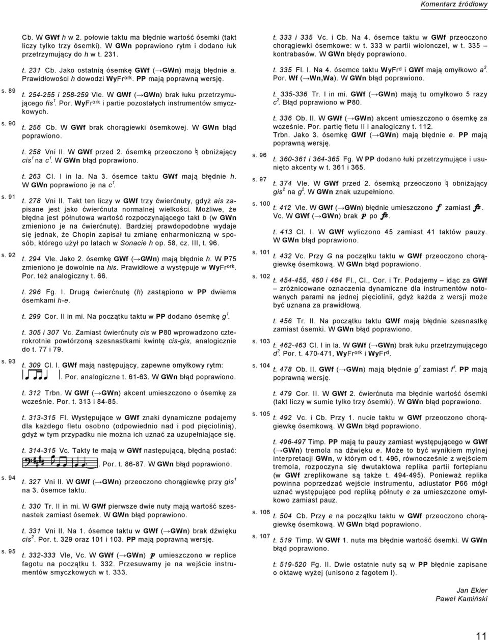 W GWf ( GWn) brak łuku przetrzymującego fis 1. Por. WyFr ork i partie pozostałych instrumentów smyczkowych. t. 256 Cb. W GWf brak chorągiewki ósemkowej. W GWn błąd poprawiono. t. 258 Vni II.