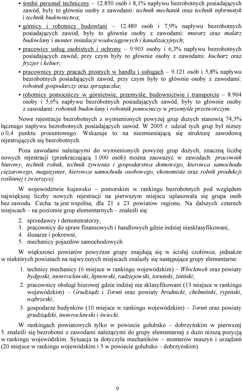 489 osób i 7,9% napływu bezrobotnych posiadających zawód, były to głównie osoby z zawodami: murarz oraz malarz budowlany i monter instalacji wodociągowych i kanalizacyjnych; pracowicy usług