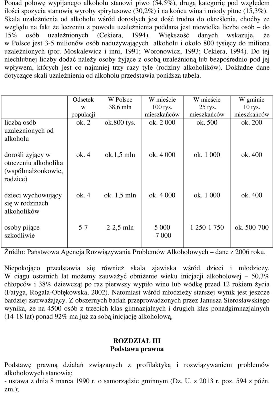 (Cekiera, 1994). Większość danych wskazuje, że w Polsce jest 3-5 milionów osób nadużywających alkoholu i około 800 tysięcy do miliona uzależnionych (por.