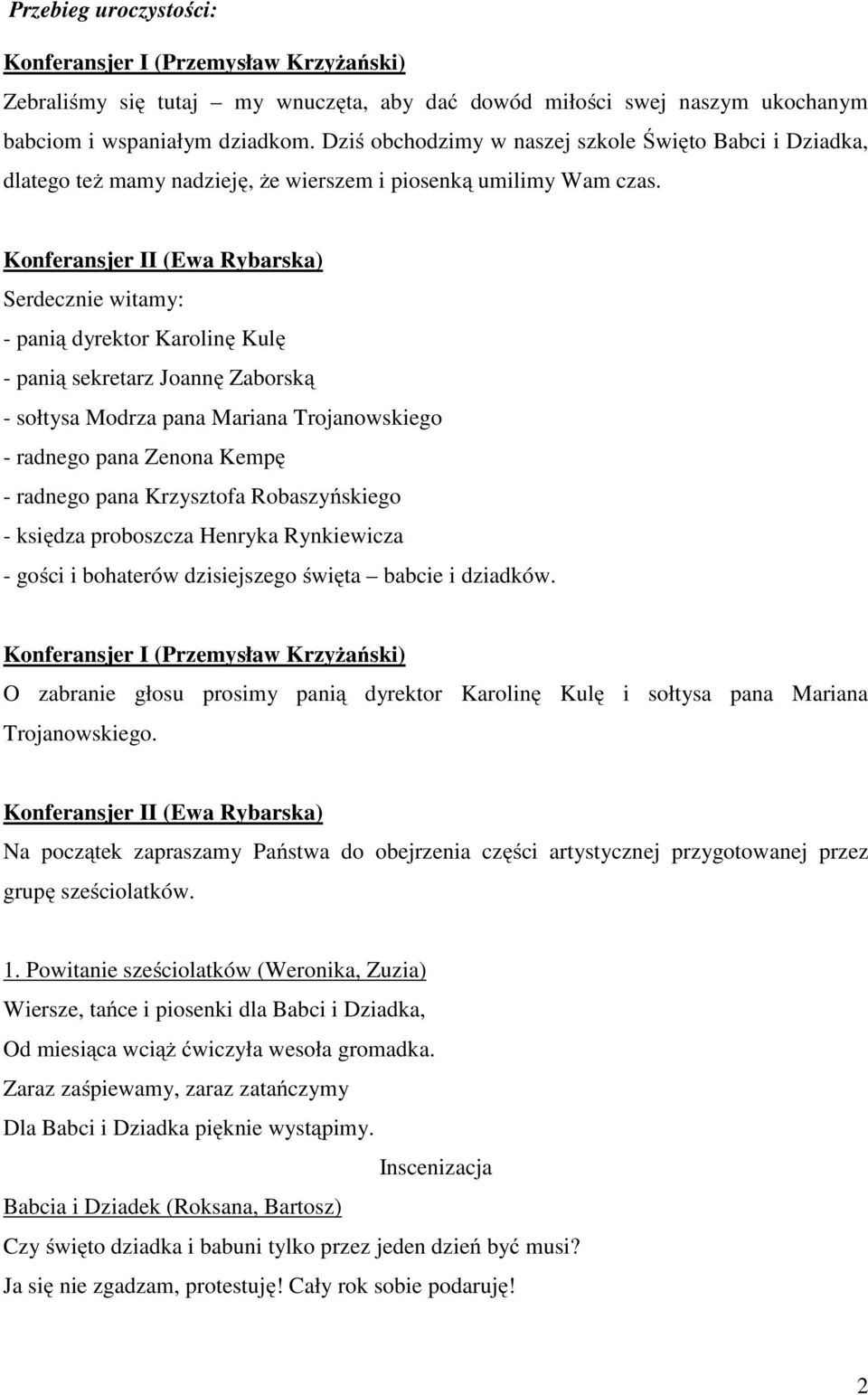 Serdecznie witamy: - panią dyrektor Karolinę Kulę - panią sekretarz Joannę Zaborską - sołtysa Modrza pana Mariana Trojanowskiego - radnego pana Zenona Kempę - radnego pana Krzysztofa Robaszyńskiego -