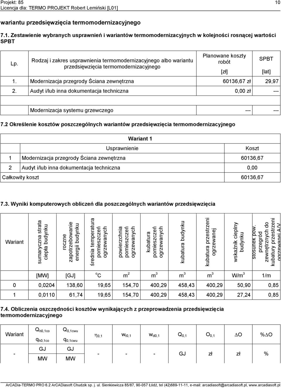 przegród zewnętrznych do kubatury przestrzeni ogrzewanej A/V Projekt: 85 10 wariantu przedsięwzięcia termomodernizacyjnego 7.1. Zestawienie wybranych usprawnień i wariantów termomodernizacyjnych w kolejności rosnącej wartości SPBT Lp.