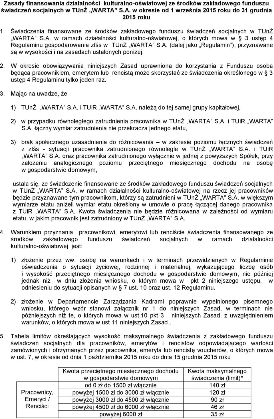 TA S.A. w ramach działalności kulturalno-oświatowej, o których mowa w 3 ustęp 4 Regulaminu gospodarowania zfśs w TUnŻ WARTA S.A. (dalej jako Regulamin ), przyznawane są w wysokości i na zasadach ustalonych poniżej.