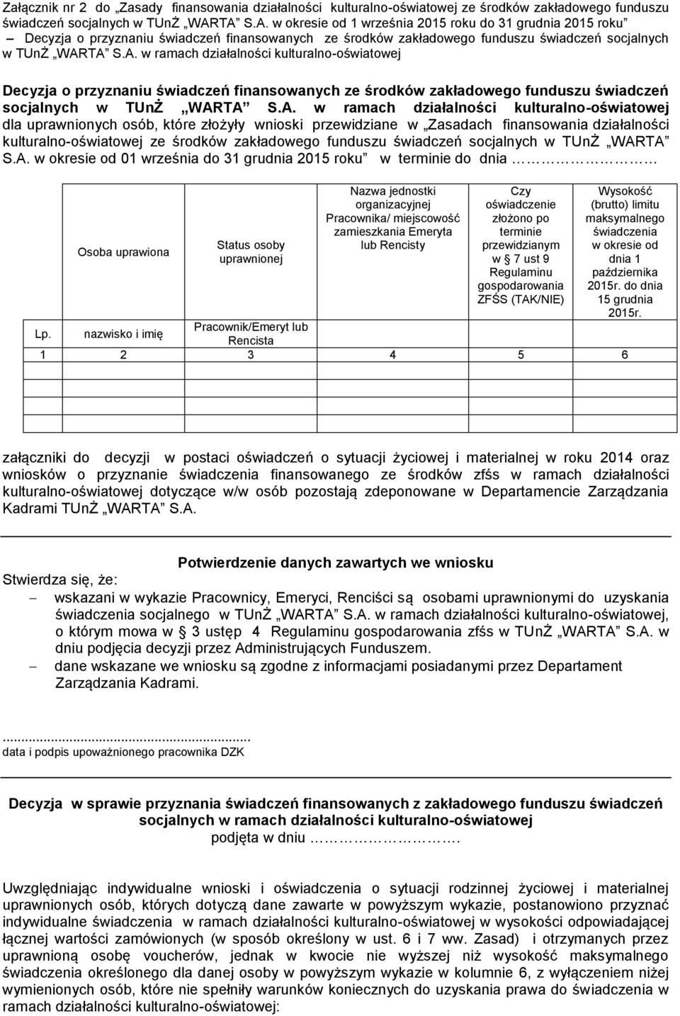 A. w ramach działalności kulturalno-oświatowej dla uprawnionych osób, które złożyły wnioski przewidziane w Zasadach finansowania działalności kulturalno-oświatowej ze środków zakładowego funduszu