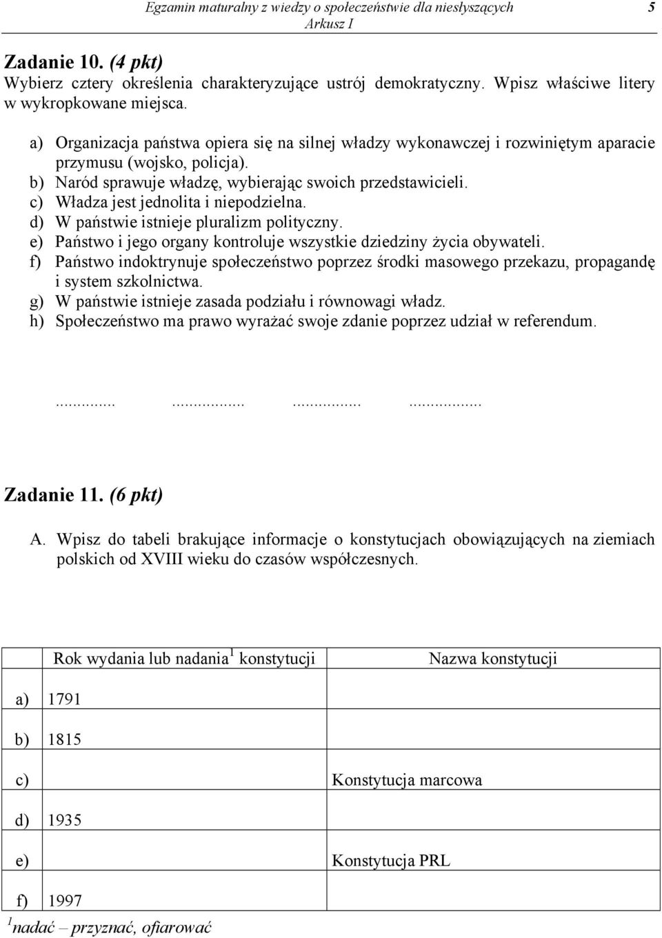 c) Władza jest jednolita i niepodzielna. d) W państwie istnieje pluralizm polityczny. e) Państwo i jego organy kontroluje wszystkie dziedziny życia obywateli.