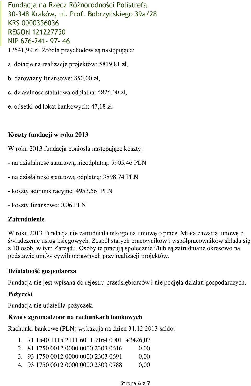 Koszty fundacji w roku 2013 W roku 2013 fundacja poniosła następujące koszty: - na działalność statutową nieodpłatną: 5905,46 PLN - na działalność statutową odpłatną: 3898,74 PLN - koszty