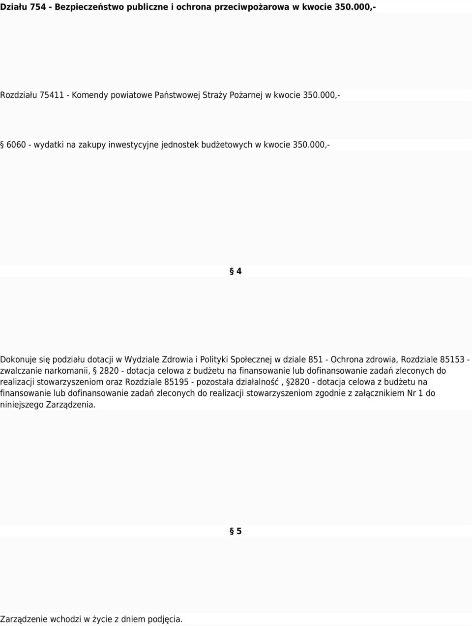 000,- 4 Dokonuje się podziału dotacji w Wydziale Zdrowia i Polityki Społecznej w dziale 851 - Ochrona zdrowia, Rozdziale 85153 - zwalczanie narkomanii, 2820 - dotacja celowa z budżetu na