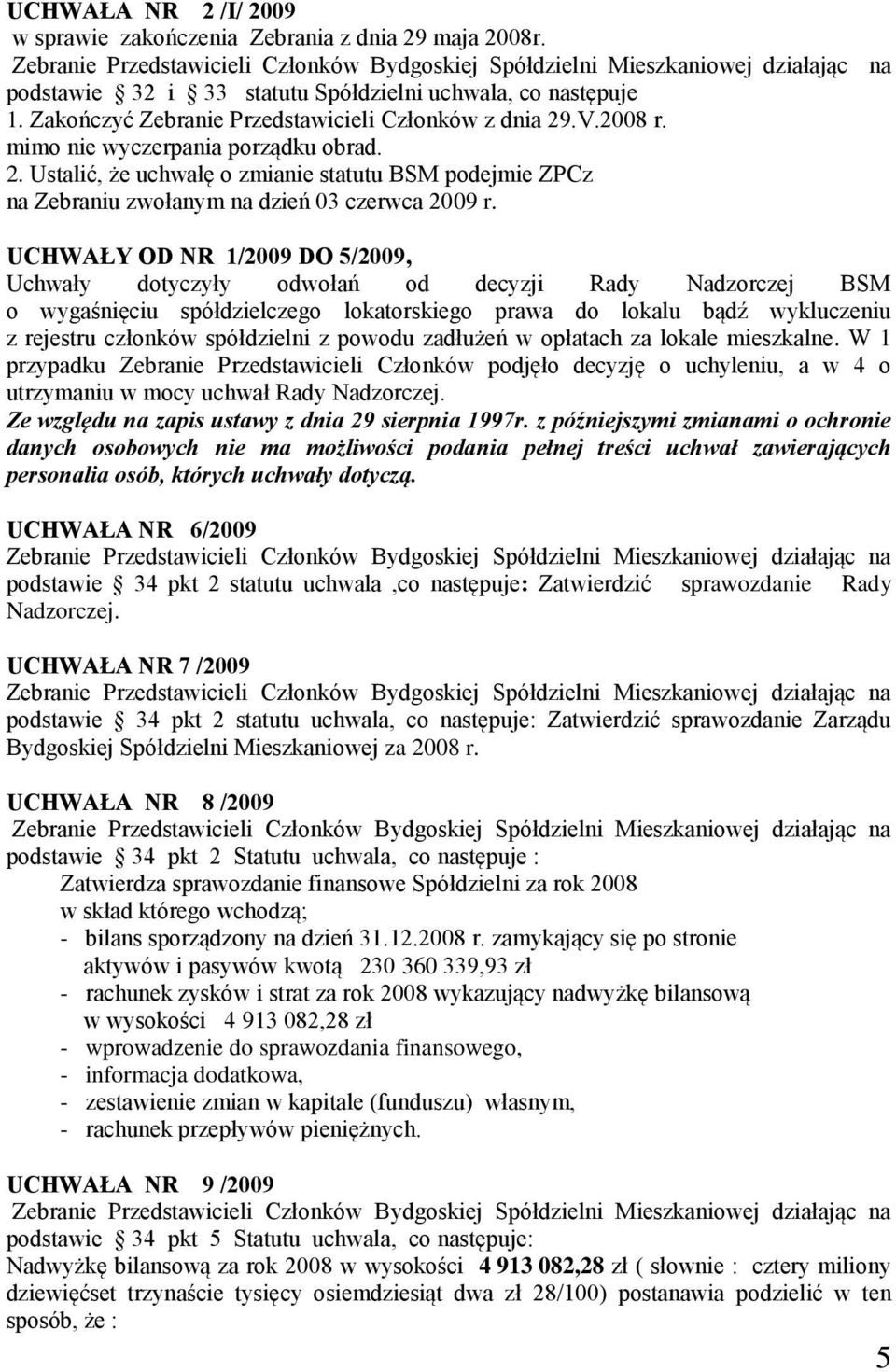 UCHWAŁY OD NR 1/2009 DO 5/2009, Uchwały dotyczyły odwołań od decyzji Rady Nadzorczej BSM o wygaśnięciu spółdzielczego lokatorskiego prawa do lokalu bądź wykluczeniu z rejestru członków spółdzielni z
