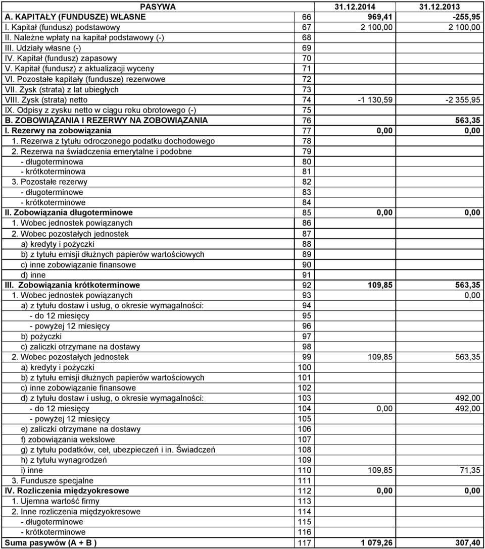 Zysk (strata) netto 74-1 130,59-2 355,95 IX. Odpisy z zysku netto w ciągu roku obrotowego (-) 75 B. ZOBOWIĄZANIA I REZERWY NA ZOBOWIĄZANIA 76 563,35 I. Rezerwy na zobowiązania 77 0,00 0,00 1.