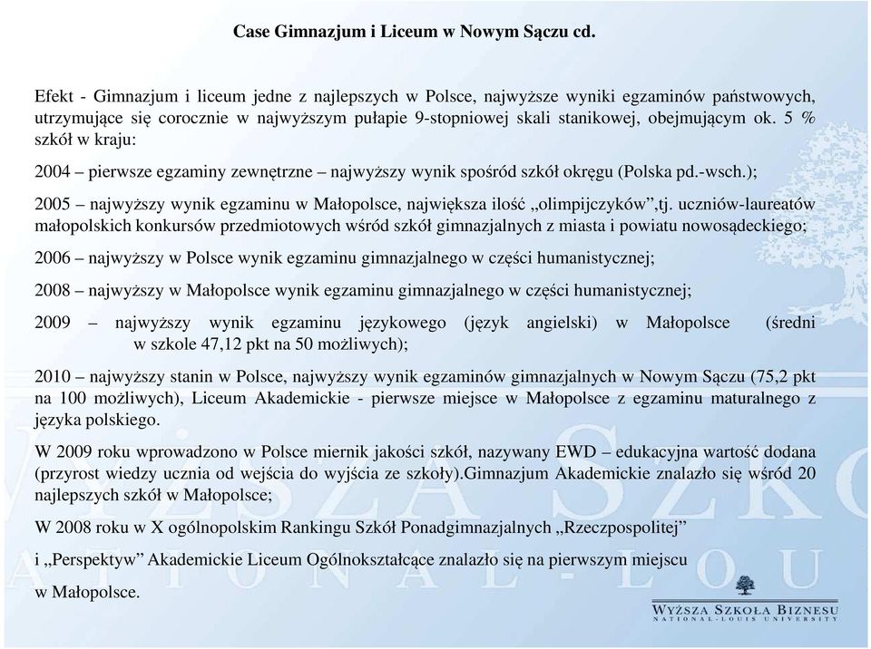 5 % szkół w kraju: 2004 pierwsze egzaminy zewnętrzne najwyższy wynik spośród szkół okręgu (Polska pd.-wsch.); 2005 najwyższy wynik egzaminu w Małopolsce, największa ilość olimpijczyków,tj.