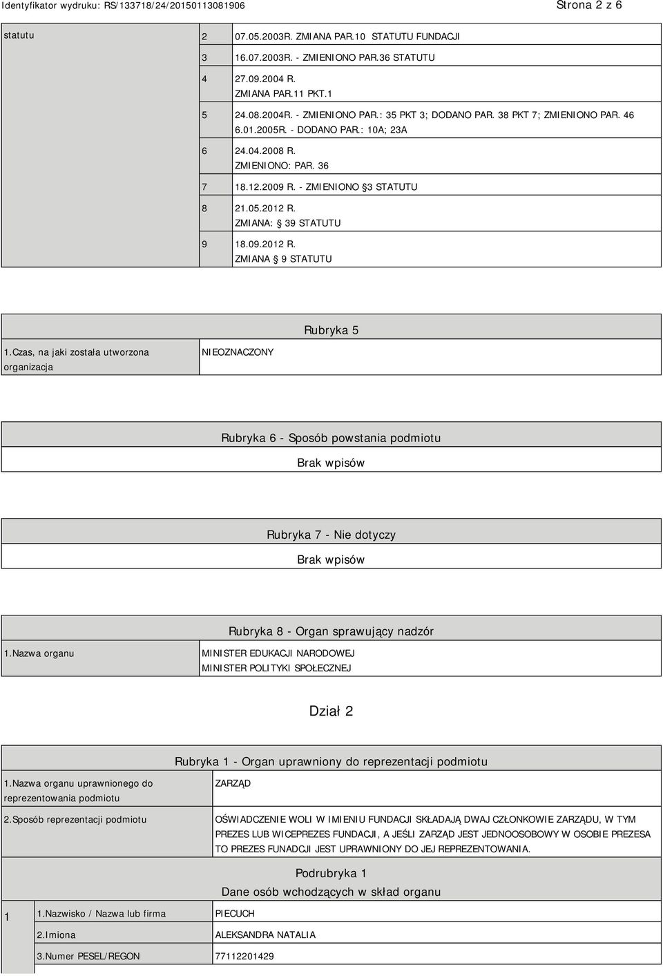 Czas, na jaki została utworzona organizacja NIEOZNACZONY Rubryka 6 - Sposób powstania podmiotu Rubryka 7 - Nie dotyczy Rubryka 8 - Organ sprawujący nadzór 1.