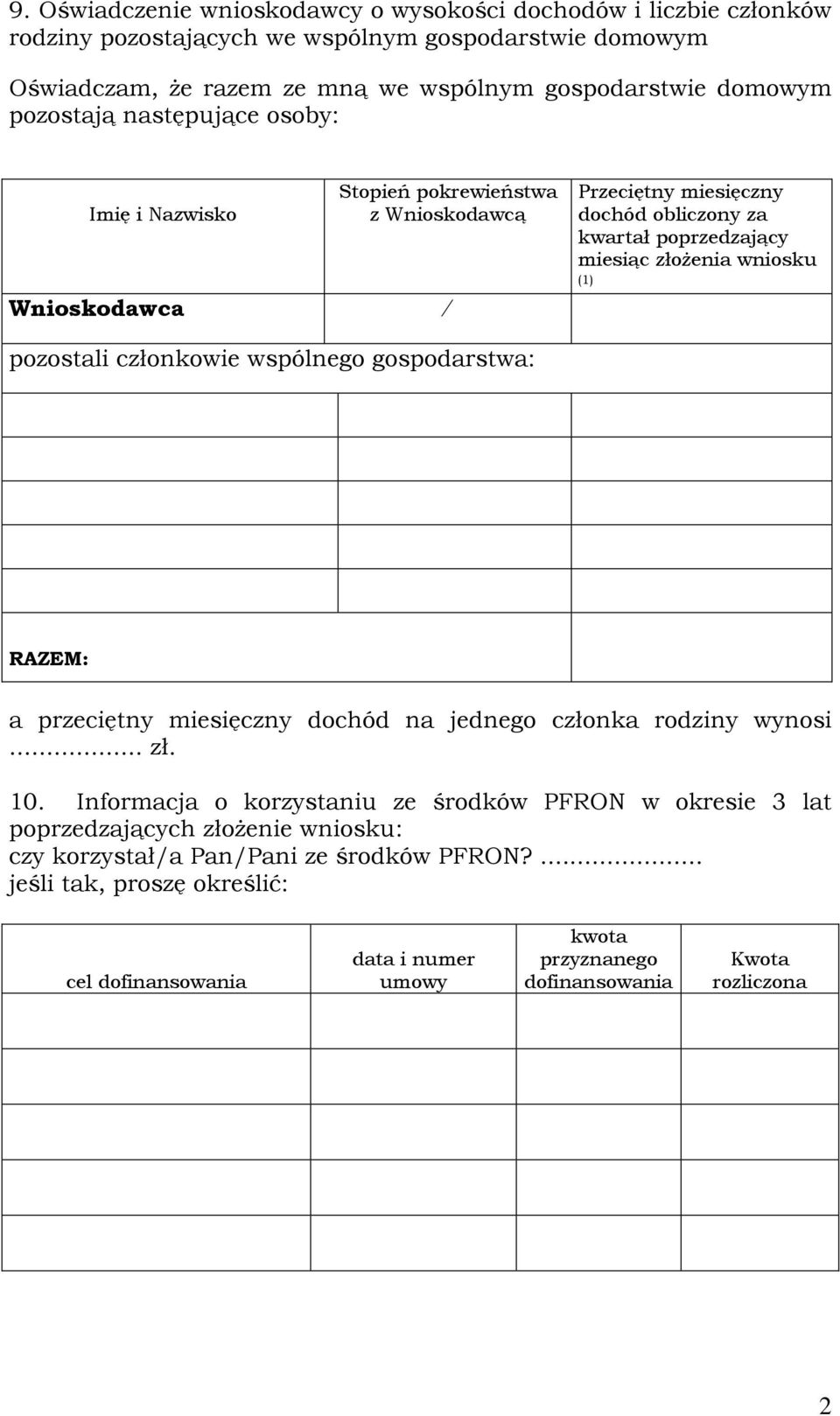 pozostali członkowie wspólnego gospodarstwa: RAZEM: a przeciętny miesięczny dochód na jednego członka rodziny wynosi... zł. 10.