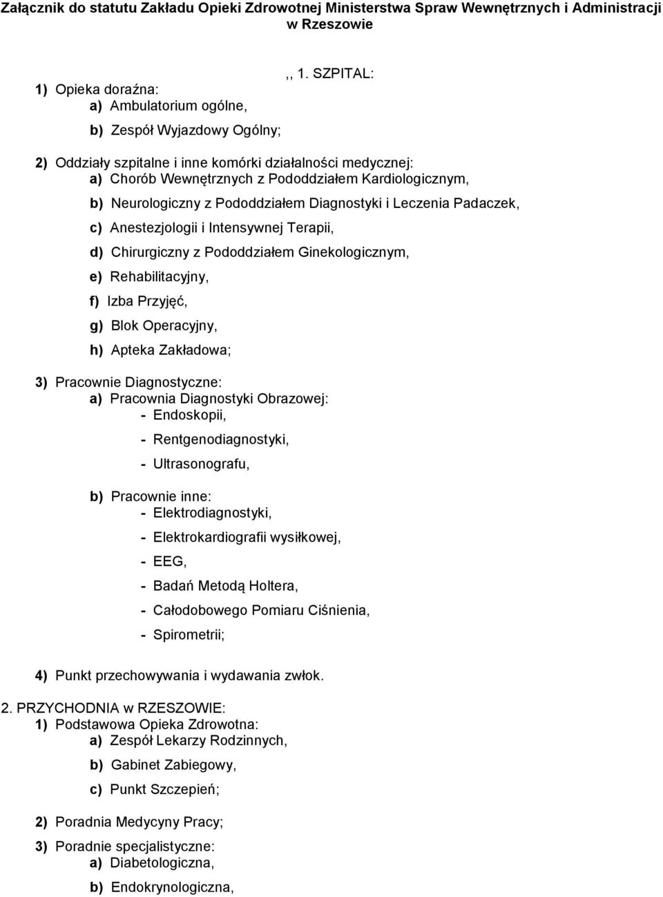 Anestezjologii i Intensywnej Terapii, d) Chirurgiczny z Pododdziałem Ginekologicznym, e) Rehabilitacyjny, f) Izba Przyjęć, g) Blok Operacyjny, h) Apteka Zakładowa; 3) Pracownie Diagnostyczne: a)