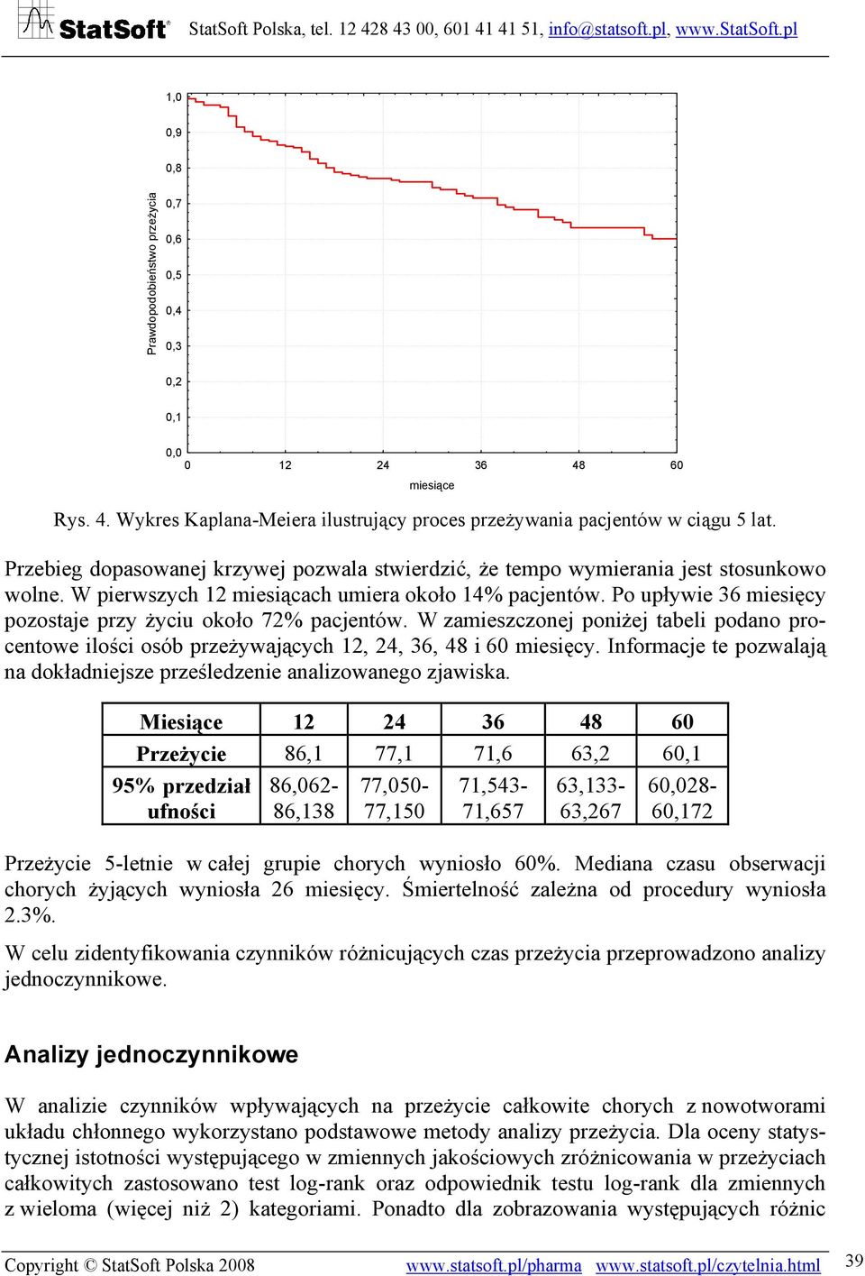 Po upływie 36 miesięcy pozostaje przy życiu około 72% pacjentów. W zamieszczonej poniżej tabeli podano procentowe ilości osób przeżywających 12, 24, 36, 48 i 60 miesięcy.