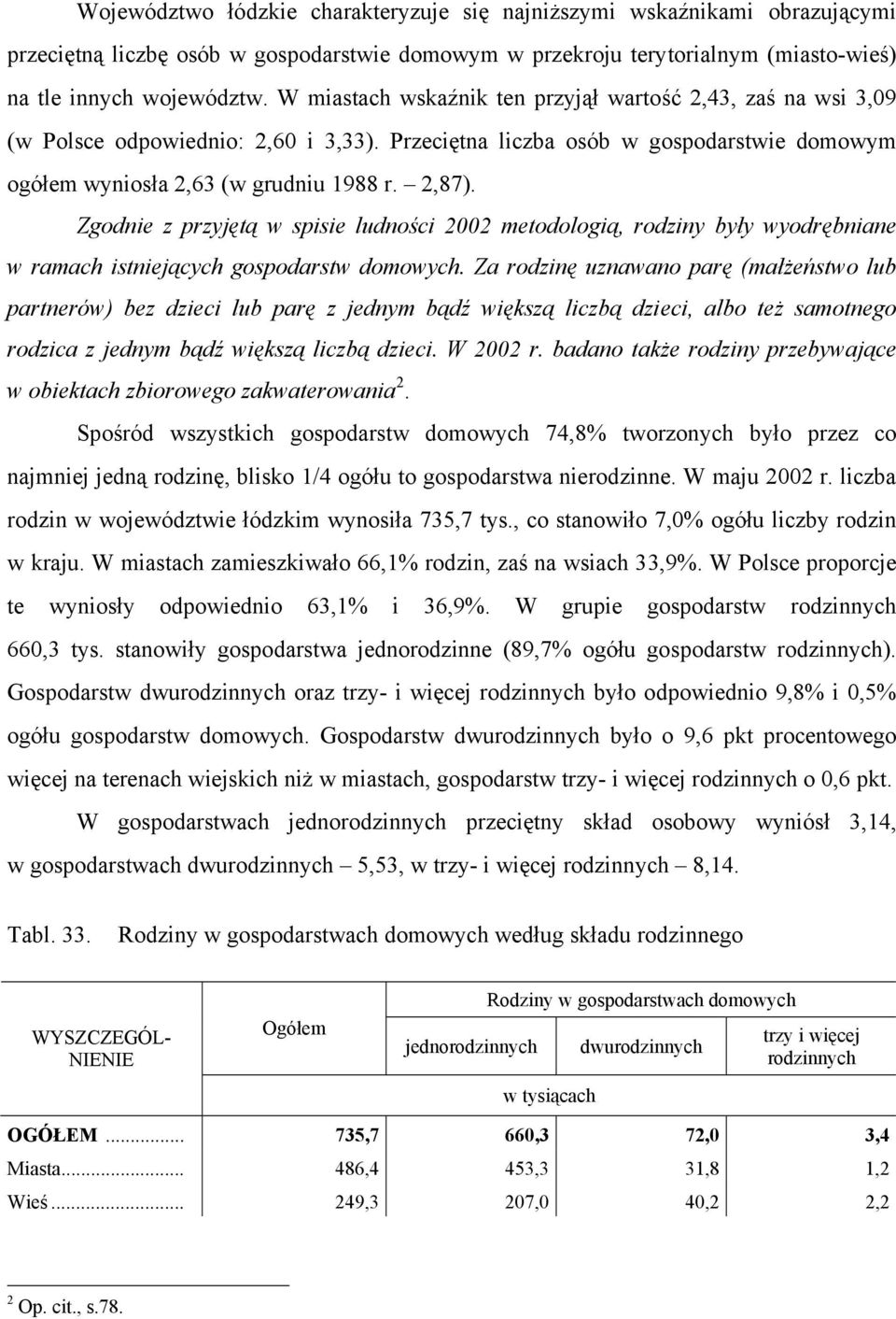 Zgodnie z przyjętą w spisie ludności 2002 metodologią, rodziny były wyodrębniane w ramach istniejących gospodarstw domowych.