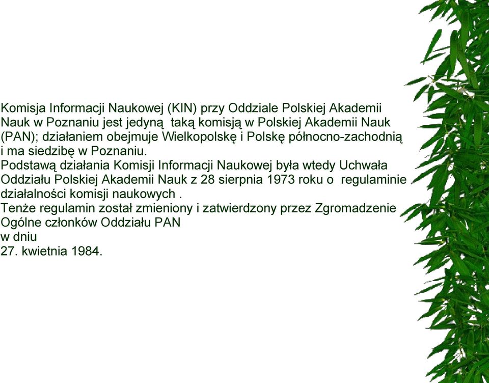 Podstawą działania Komisji Informacji Naukowej była wtedy Uchwała Oddziału Polskiej Akademii Nauk z 28 sierpnia 1973 roku o