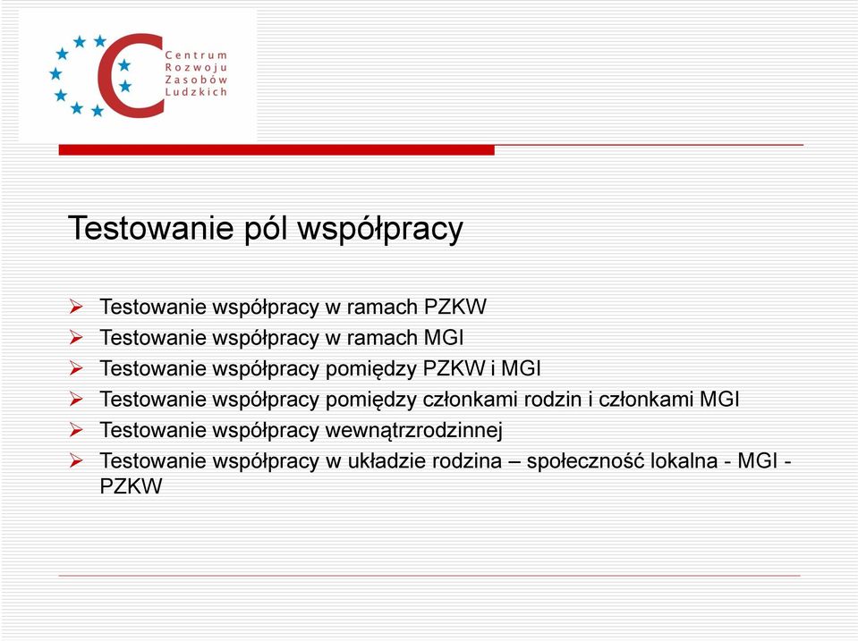 współpracy pomiędzy członkami rodzin i członkami MGI Testowanie współpracy