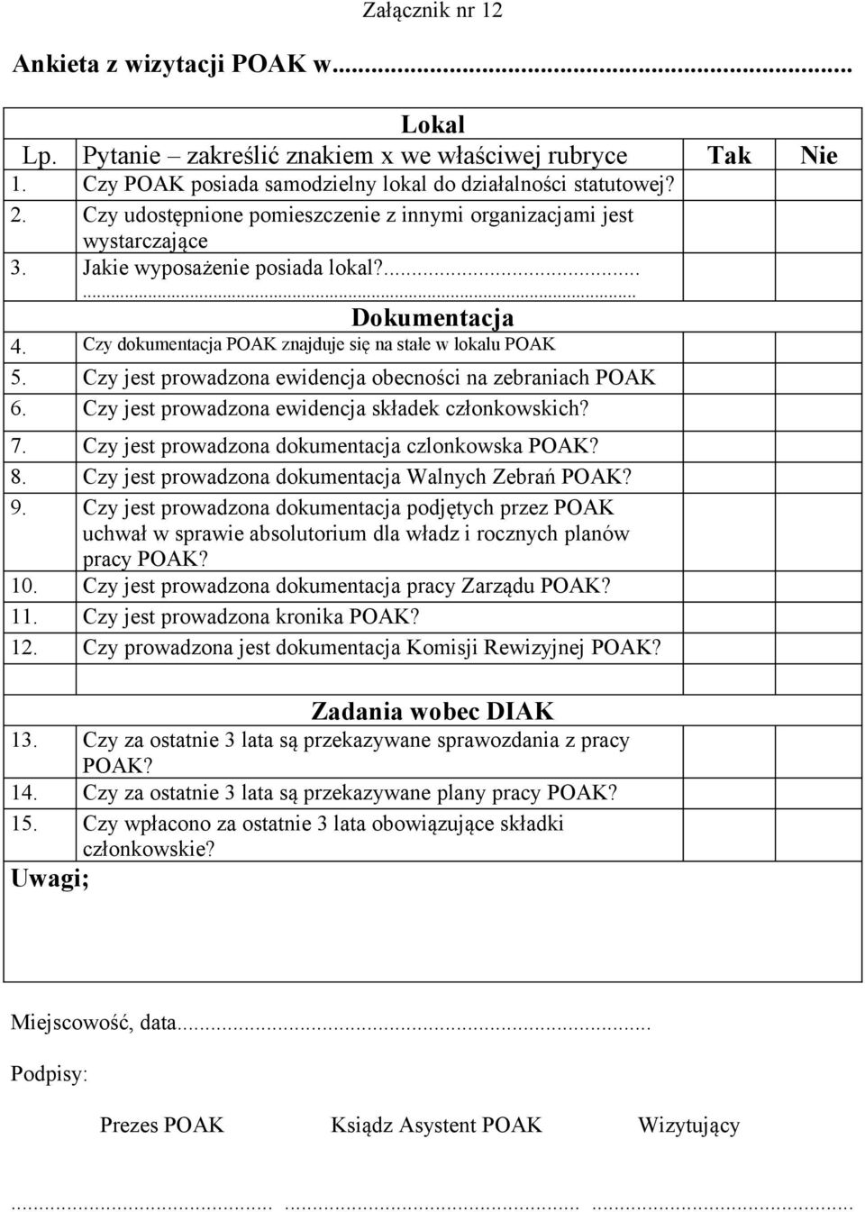 Czy jest prowadzona ewidencja obecności na zebraniach POAK 6. Czy jest prowadzona ewidencja składek członkowskich? 7. Czy jest prowadzona dokumentacja czlonkowska POAK? 8.