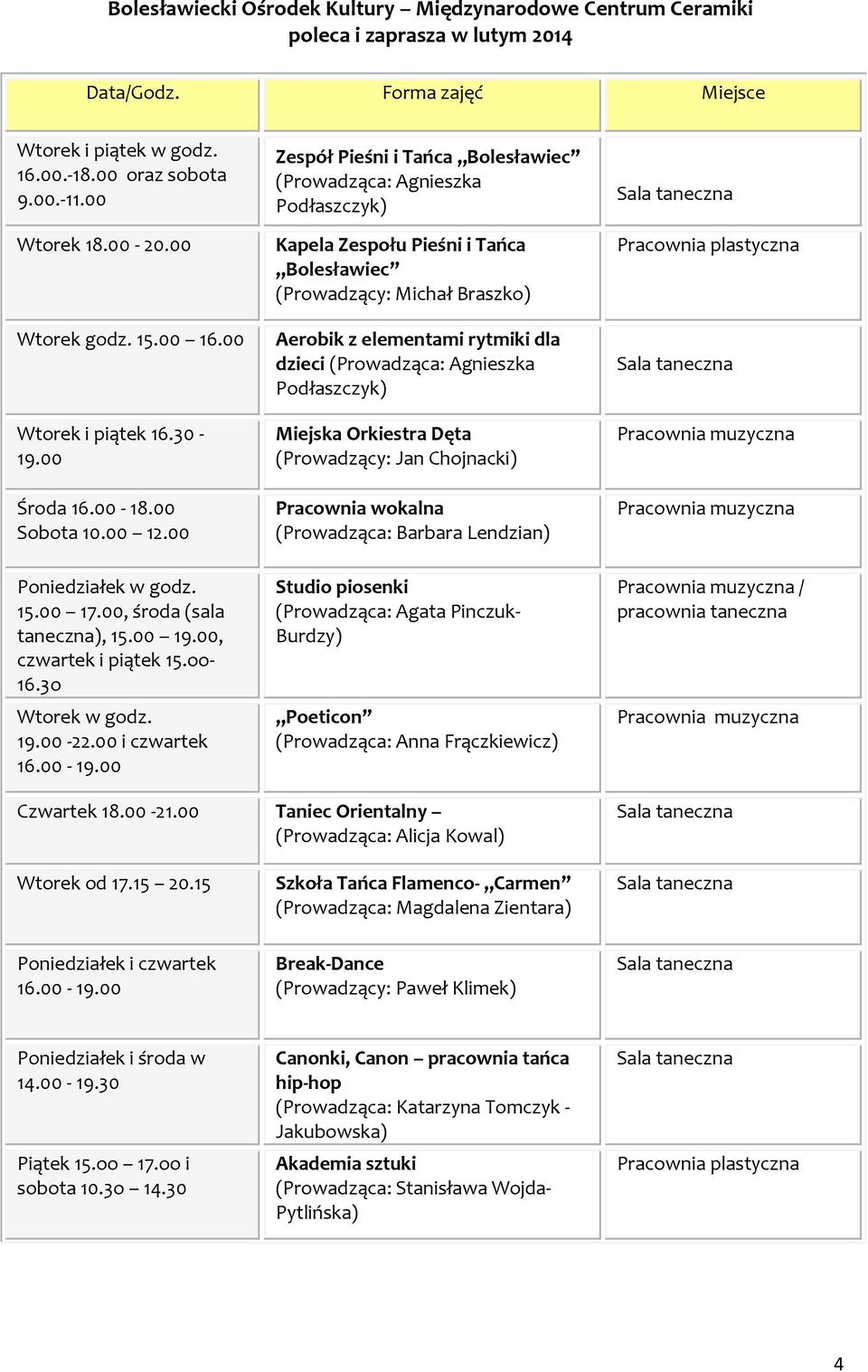 00 Zespół Pieśni i Tańca Bolesławiec (Prowadząca: Agnieszka Podłaszczyk) Kapela Zespołu Pieśni i Tańca Bolesławiec (Prowadzący: Michał Braszko) Aerobik z elementami rytmiki dla dzieci (Prowadząca: