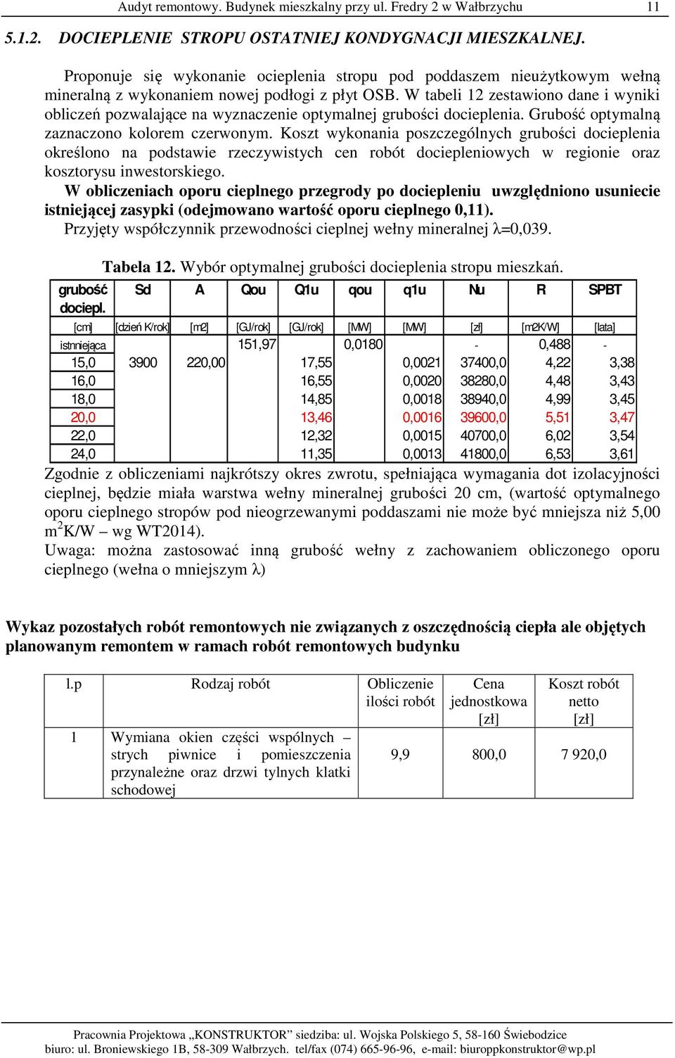 Koszt wykonania poszczególnych grubości docieplenia określono na podstawie rzeczywistych cen robót dociepleniowych w regionie oraz kosztorysu inwestorskiego.