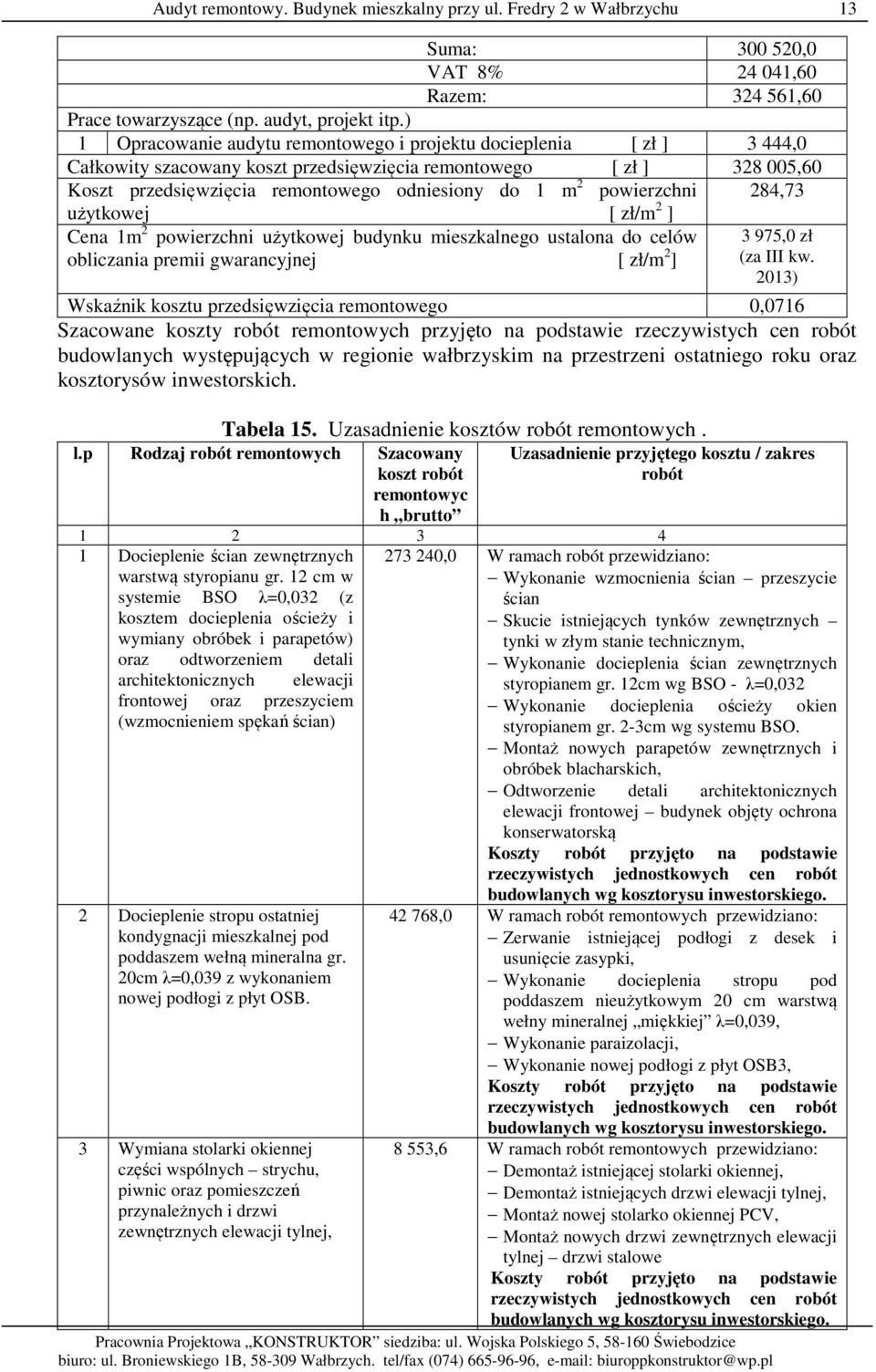 powierzchni 284,73 użytkowej [ zł/m 2 ] Cena 1m 2 powierzchni użytkowej budynku mieszkalnego ustalona do celów obliczania premii gwarancyjnej [ zł/m 2 ] 3 975,0 zł (za III kw.