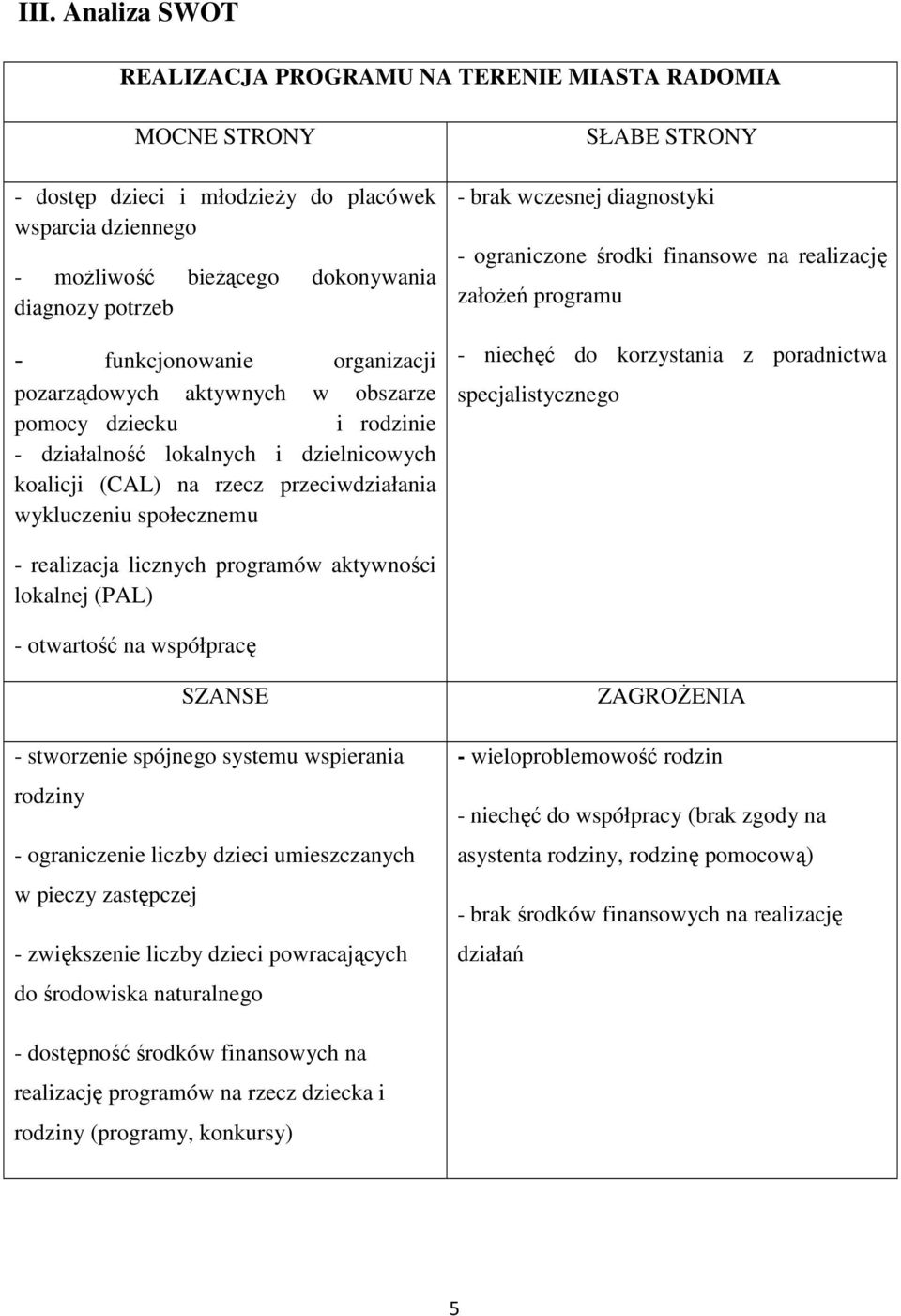 STRONY - brak wczesnej diagnostyki - ograniczone środki finansowe na realizację załoŝeń programu - niechęć do korzystania z poradnictwa specjalistycznego - realizacja licznych programów aktywności