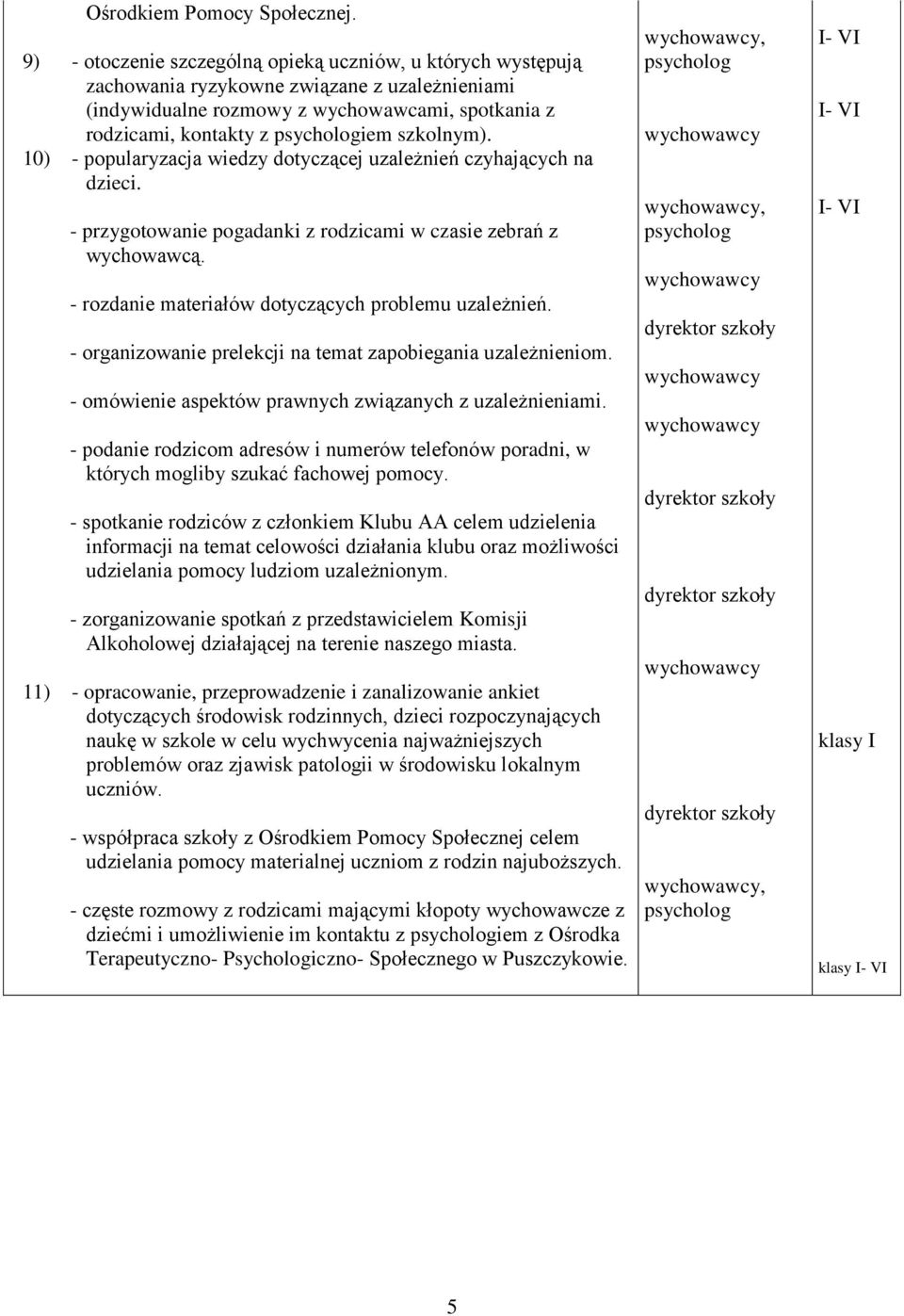 10) - popularyzacja wiedzy dotyczącej uzależnień czyhających na dzieci. - przygotowanie pogadanki z rodzicami w czasie zebrań z wychowawcą. - rozdanie materiałów dotyczących problemu uzależnień.