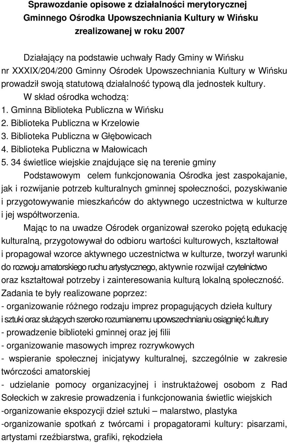 Biblioteka Publiczna w Krzelowie 3. Biblioteka Publiczna w Głębowicach 4. Biblioteka Publiczna w Małowicach 5.
