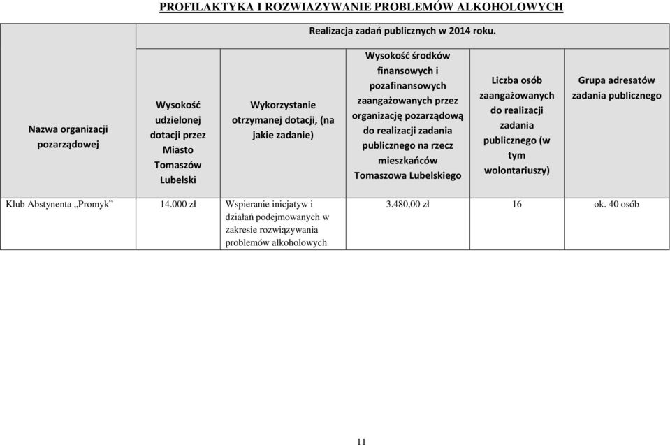 finansowych i pozafinansowych zaangażowanych przez organizację pozarządową do realizacji zadania publicznego na rzecz mieszkańców Tomaszowa Lubelskiego Liczba osób