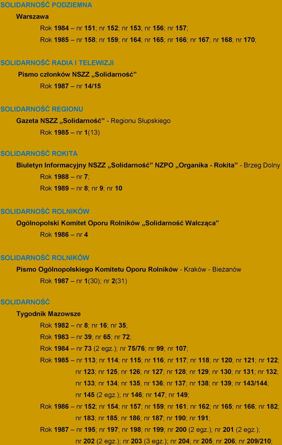 - Brzeg Dolny Rok 1988 nr 7; Rok 1989 nr 8; nr 9; nr 10 SOLIDARNOŚĆ ROLNIKÓW Ogólnopolski Komitet Oporu Rolników Solidarność Walcząca Rok 1986 nr 4 SOLIDARNOŚĆ ROLNIKÓW Pismo Ogólnopolskiego Komitetu