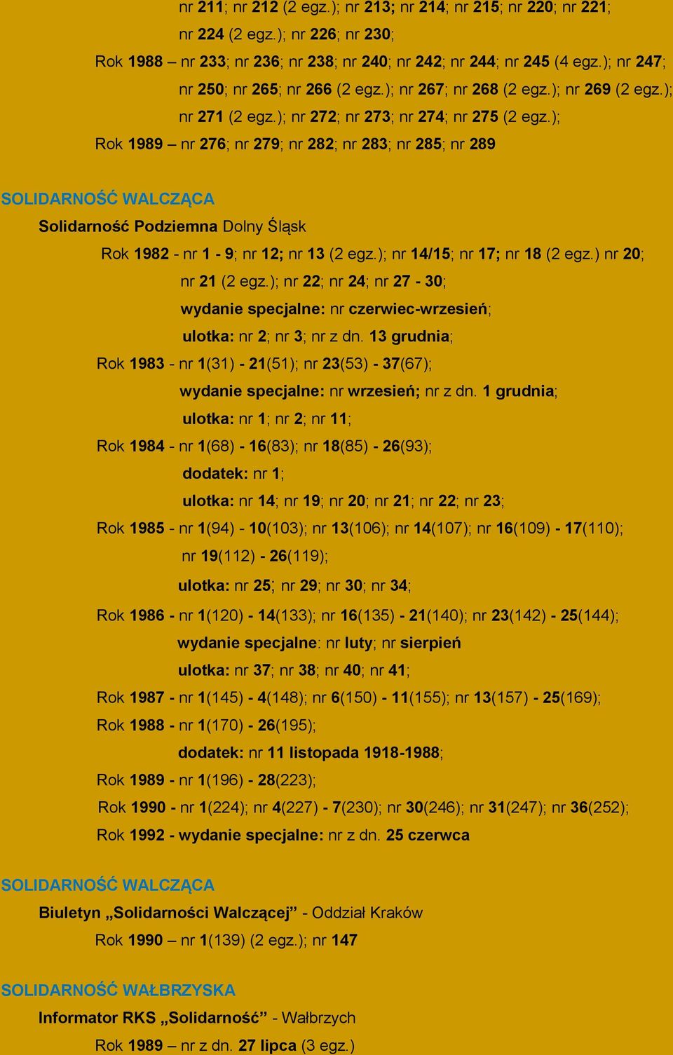); Rok 1989 nr 276; nr 279; nr 282; nr 283; nr 285; nr 289 SOLIDARNOŚĆ WALCZĄCA Solidarność Podziemna Dolny Śląsk Rok 1982 - nr 1-9; nr 12; nr 13 (2 egz.); nr 14/15; nr 17; nr 18 (2 egz.