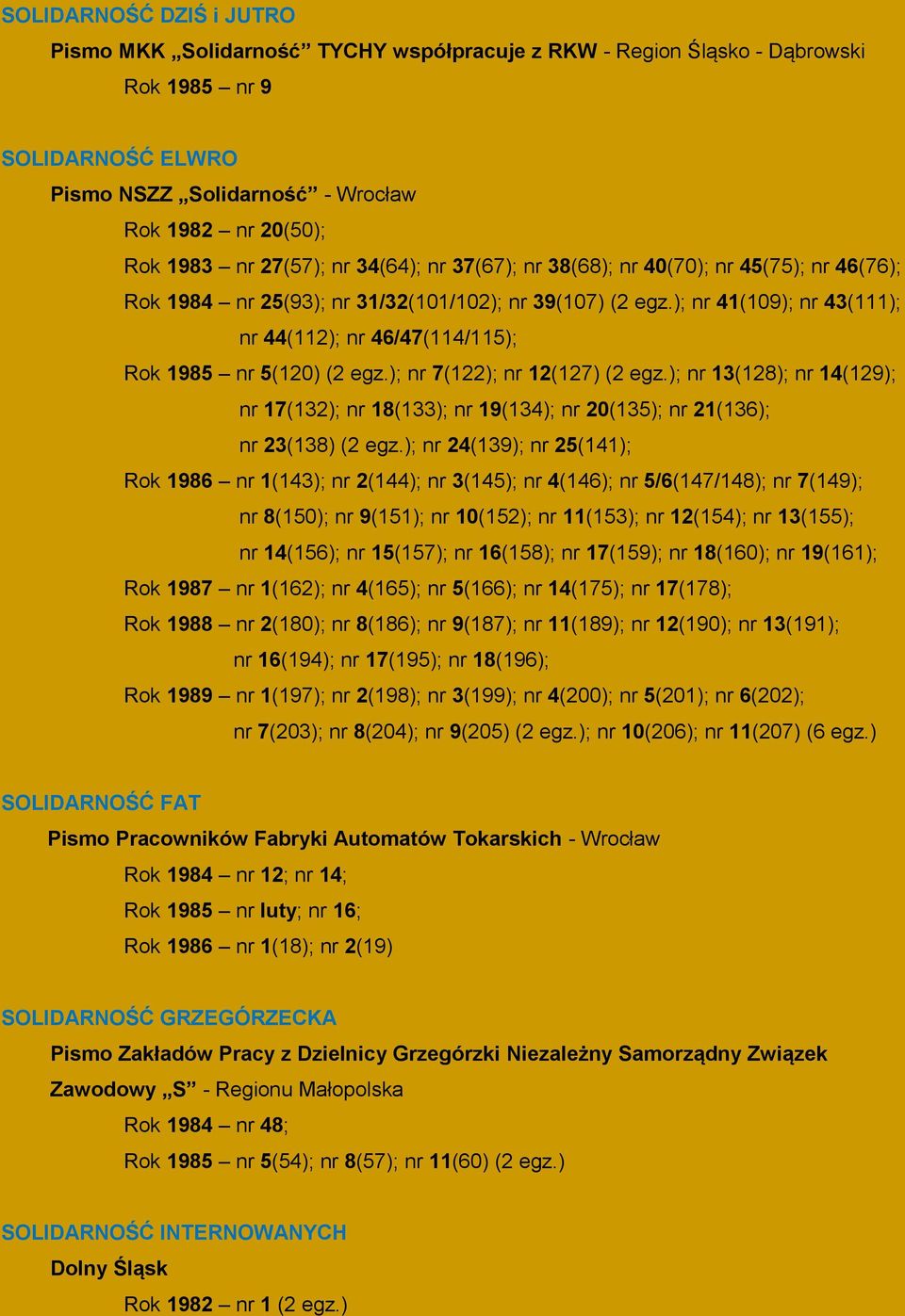 ); nr 41(109); nr 43(111); nr 44(112); nr 46/47(114/115); Rok 1985 nr 5(120) (2 egz.); nr 7(122); nr 12(127) (2 egz.