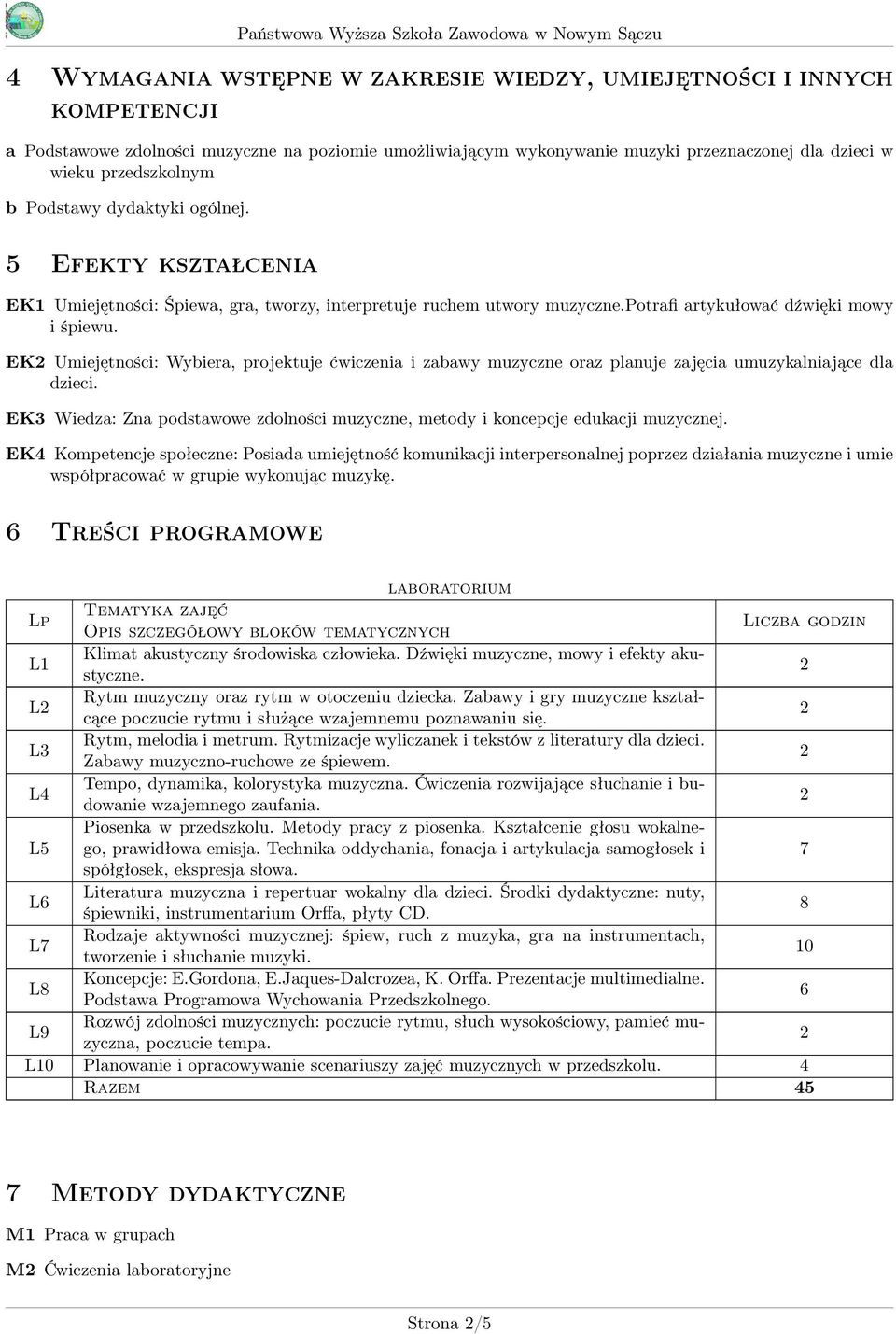 EK Umiejętności: Wybiera, projektuje ćwiczenia i zabawy muzyczne oraz planuje zajęcia umuzykalniające dla dzieci. EK3 Wiedza: Zna podstawowe zdolności muzyczne, metody i koncepcje edukacji muzycznej.