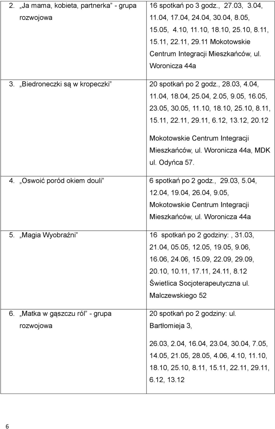 10, 25.10, 8.11, 15.11, 22.11, 29.11, 6.12, 13.12, 20.12 Mieszkańców, ul. Woronicza 44a, MDK ul. Odyńca 57. 4. Oswoić poród okiem douli 6 spotkań po 2 godz., 29.03, 5.04, 12.04, 19.04, 26.04, 9.